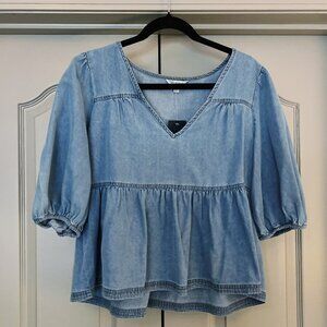 Lucky Brand Chambray Peplum Top Puff Sleeve V Neck Boho Denim Blouse Medium